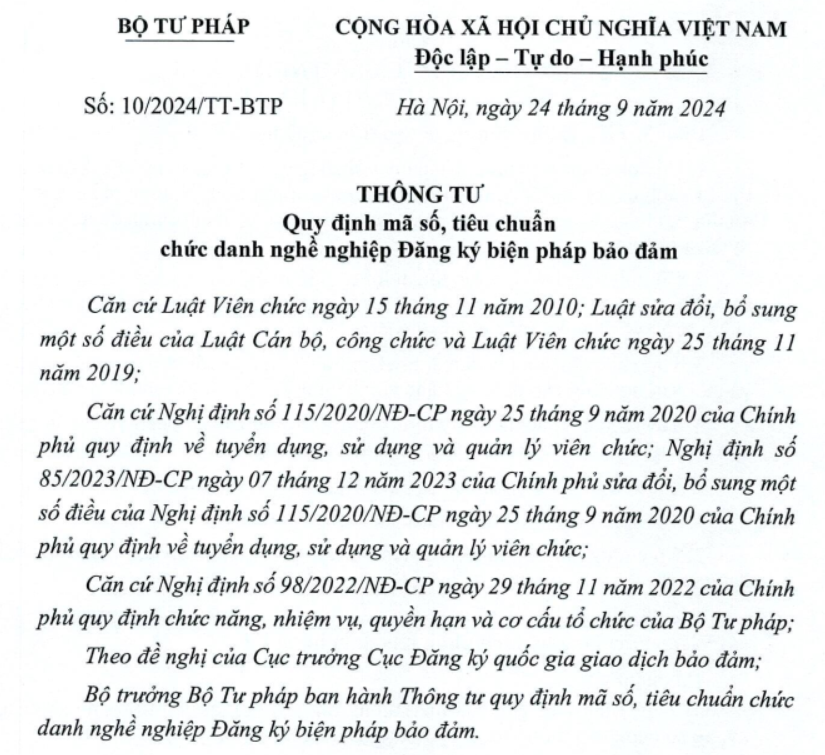 Chức danh nghề nghiệp Đăng ký biện pháp bảo đảm đã có quy định cụ thể về mã số, tiêu chuẩn và điều kiện xét thăng hạng